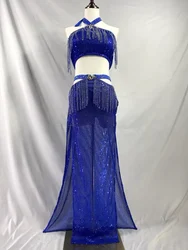 Vestido de danza del vientre para mujer, conjunto de falda larga de lentejuelas pequeñas con flecos, cuello colgante de danza oriental, sirena de diamantes completos, vestido de danza del vientre