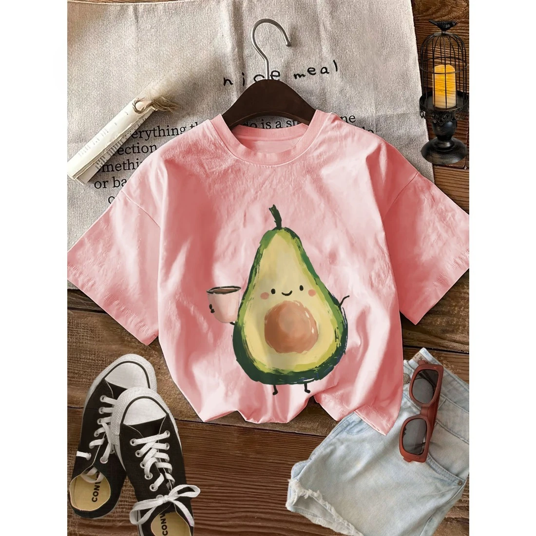 Children's T-shirt Loose Comfortable Soft Skin Friendly Lightweight Simple Versatile Avocado Style Coffee Cup Pattern Top