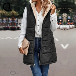 COUTUDI-Double Sided Vest for Women, Sleeveless Waistcoats, Hooded Padded Vest, Warm, Female Clothing, Winter