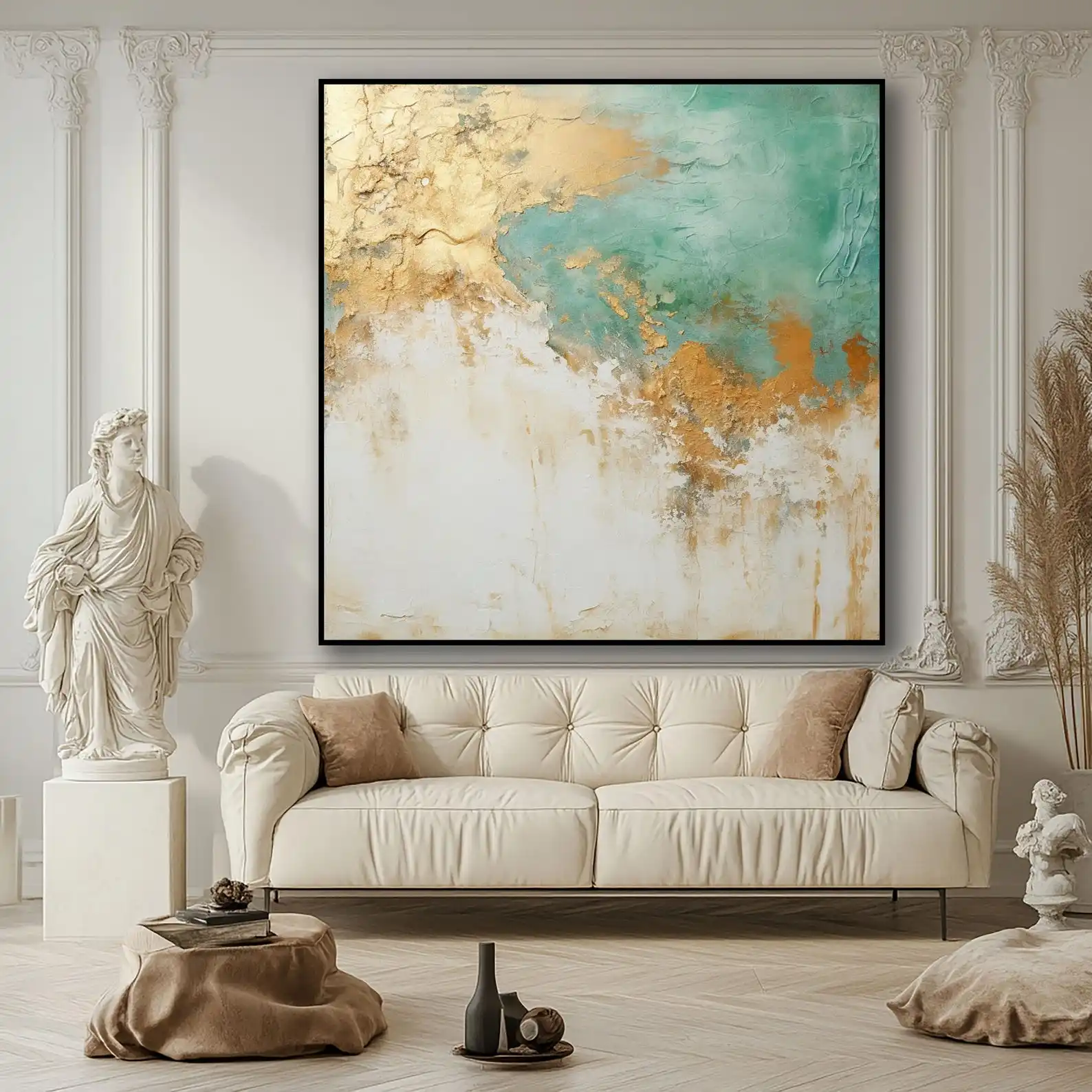Mhemyo Textured Abstract Hand Painted Oil Painting White Teal and Gold Layered Paint Modern Wall Art  For Living Room Home Decor