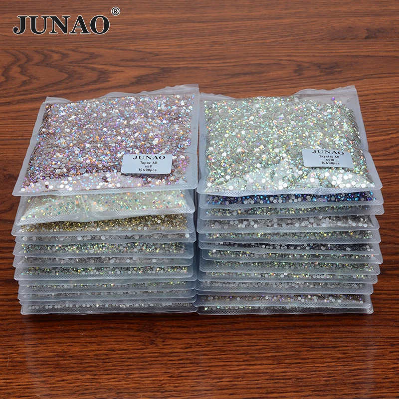 JUNAO Bulk Package 100 Gross SS6 8 10 12 16 20 30 Flatback Glass Rhinestone Round Crystal Strass Nail Stones For Clothes