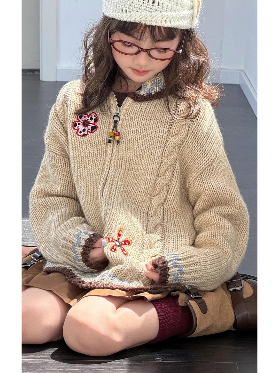 retro-floral-embroidery-zipper-knitted-open-cardigan-girls-lazy-style-sweater-jacket-autumn-new-arrival-children's-clothing