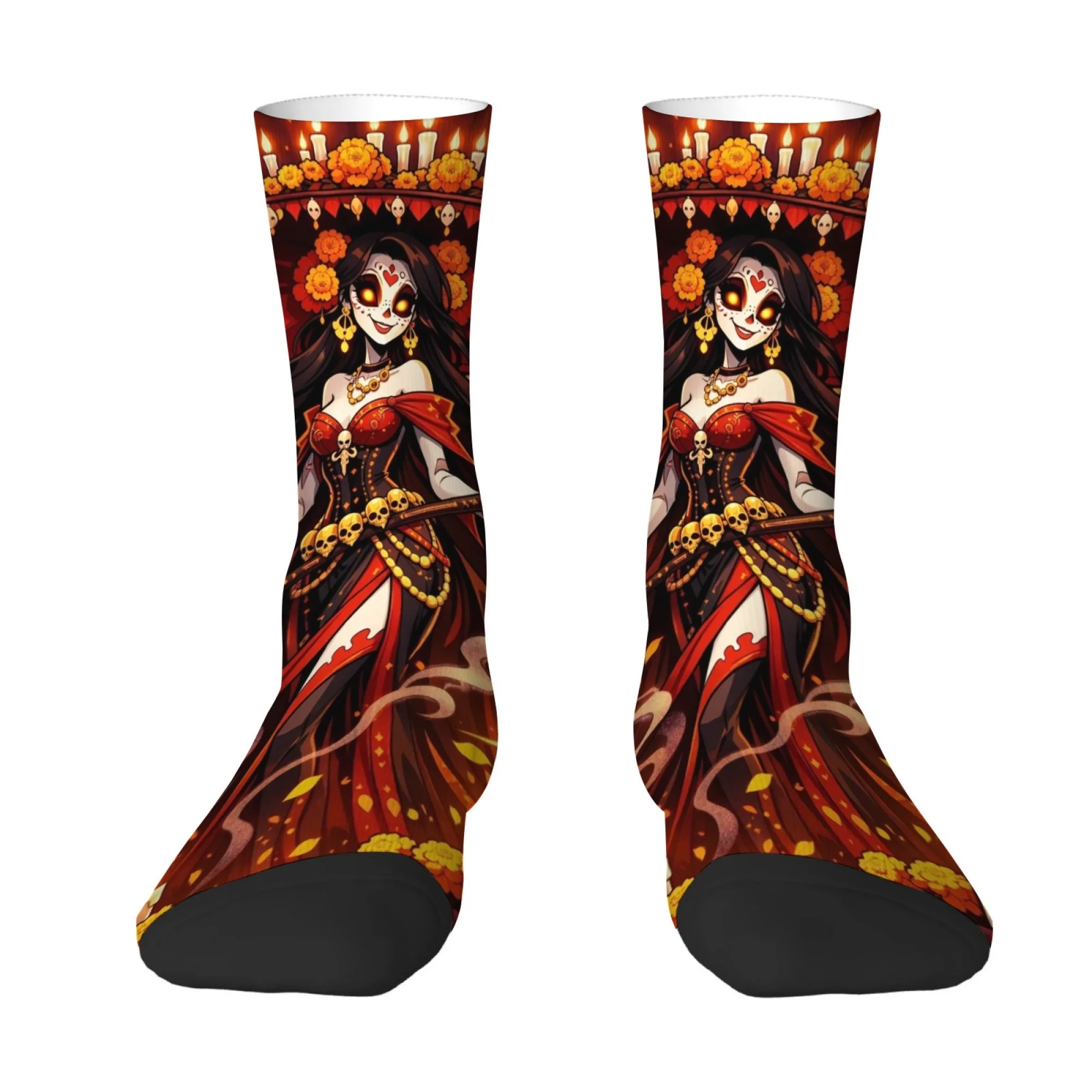 

Day of The Dead Folk Art Socks Queen Katrina Sugar Skull Print Mid-Calf Socks Mexican Folk Art Fashion Casual Party Socks