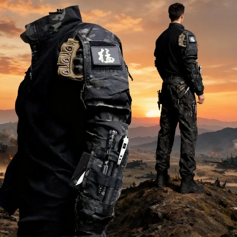 Outdoor Training Sets Wear-resistant Long Sleeve T-shirts+Multi-pocket Ripstop Cargo Pants 2 Pcs Hunting Suits Camo Tactical Set