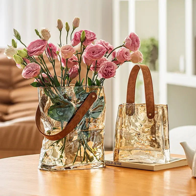 Glass vase ornament living room creative light luxury water flower arrangement transparent handbag creative gift