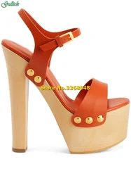 Wooden Block Heel Platform Sandals Ankle Buckle Strap Open Toe Orange Leather Black  Nude Solid Fashion 2024 Summer Sandals