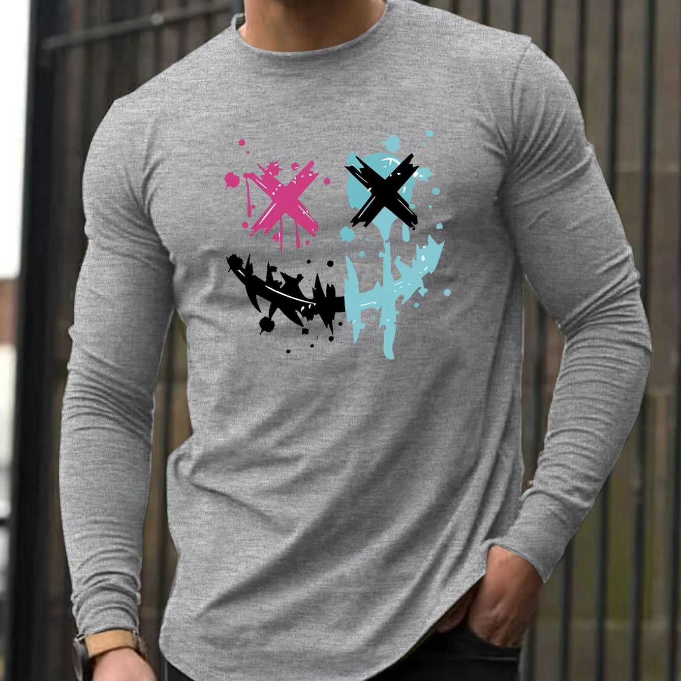 100% pure cotton men's long sleeved round neck loose smiling face pattern printed spring and autumn casual versatile T-shirt top