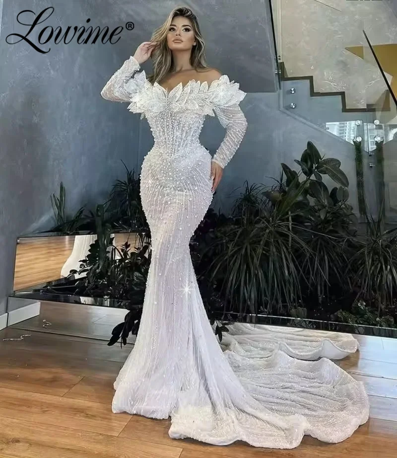 

Элегантные арабские вечерние платья с открытыми плечами для африканских девушек, свадебное платье с жемчугом и кристаллами, ручная работа, цветы, индивидуальный пошив