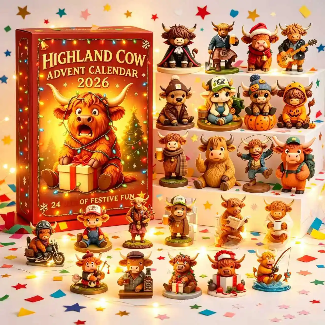 Highland-Kuh-Figuren Adventskalender 2026, 24-teiliges Dekoratives Hängedekorations-Countdown-Kalender Weihnachtsgeschenkzubehör