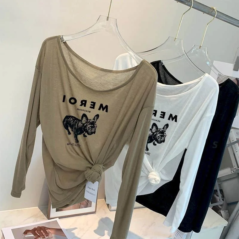 

T-shirts for Women Knitted Ice Silk O-neck Sunscreen Tops Loose Casual Korean Style Harajuku Print Long Sleeve Summer Clothes