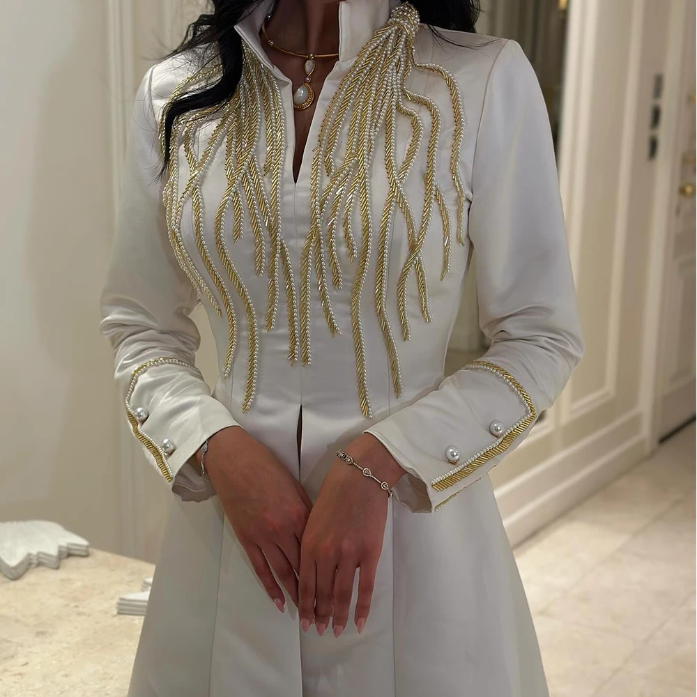 Customized Formal Pearls Crystal Off The Shoulder Jersey Evening Dress Modern A-Line High Collar Long Sleeves Homecomi