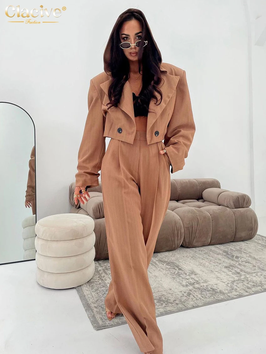 

Clacive Fashion Loose Brown Trousers Sets For Women 2 Piece Elegant Long Sleeve Crop Shirt With High Waist Wide Pants Set Female