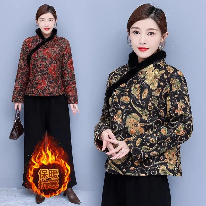 2023 Winter Mom's Ethnic Style Cotton Jacket Women Large Size Loose Vintage Print Thickened Warm Tang Clothes Quilted Coat Z3714