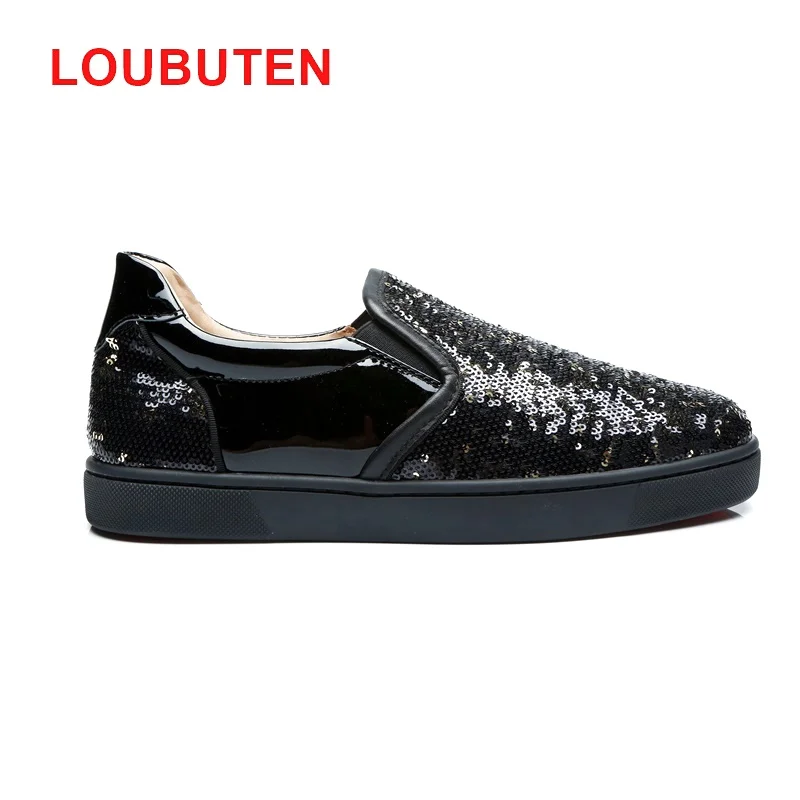 LOUBUTEN Black Mens Sequin Shoes Luxury Fashion Glitter Loafers Handmade Slip On Men's Casual Shoes Red Bottom Flats