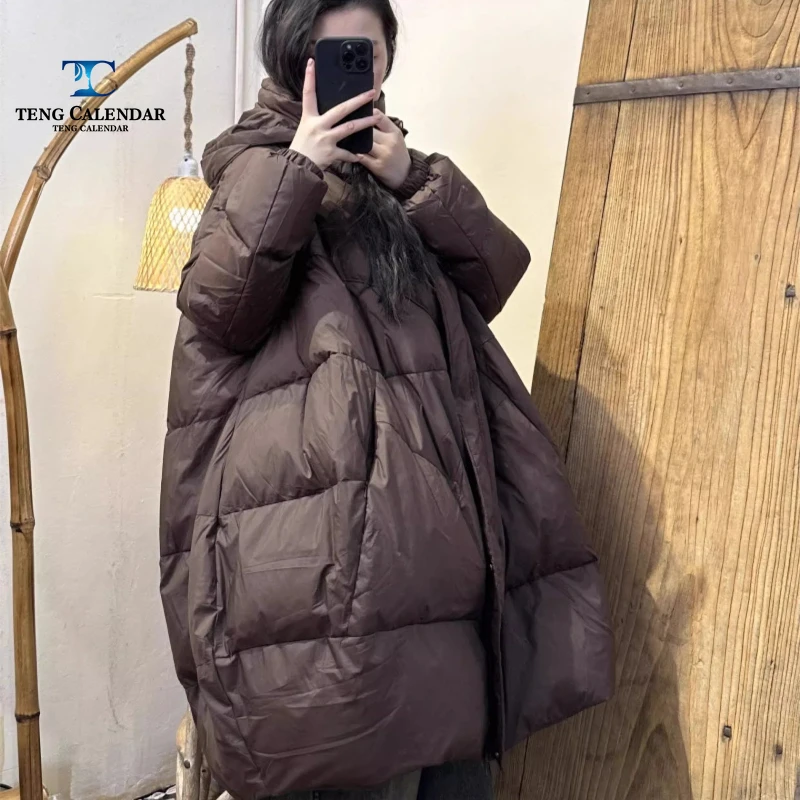 フード付きふわふわAラインダウンジャケット、ヨーロッパ風オーバーサイズゆったりホワイトダックダウン暖かいジャケット、2025年冬新作