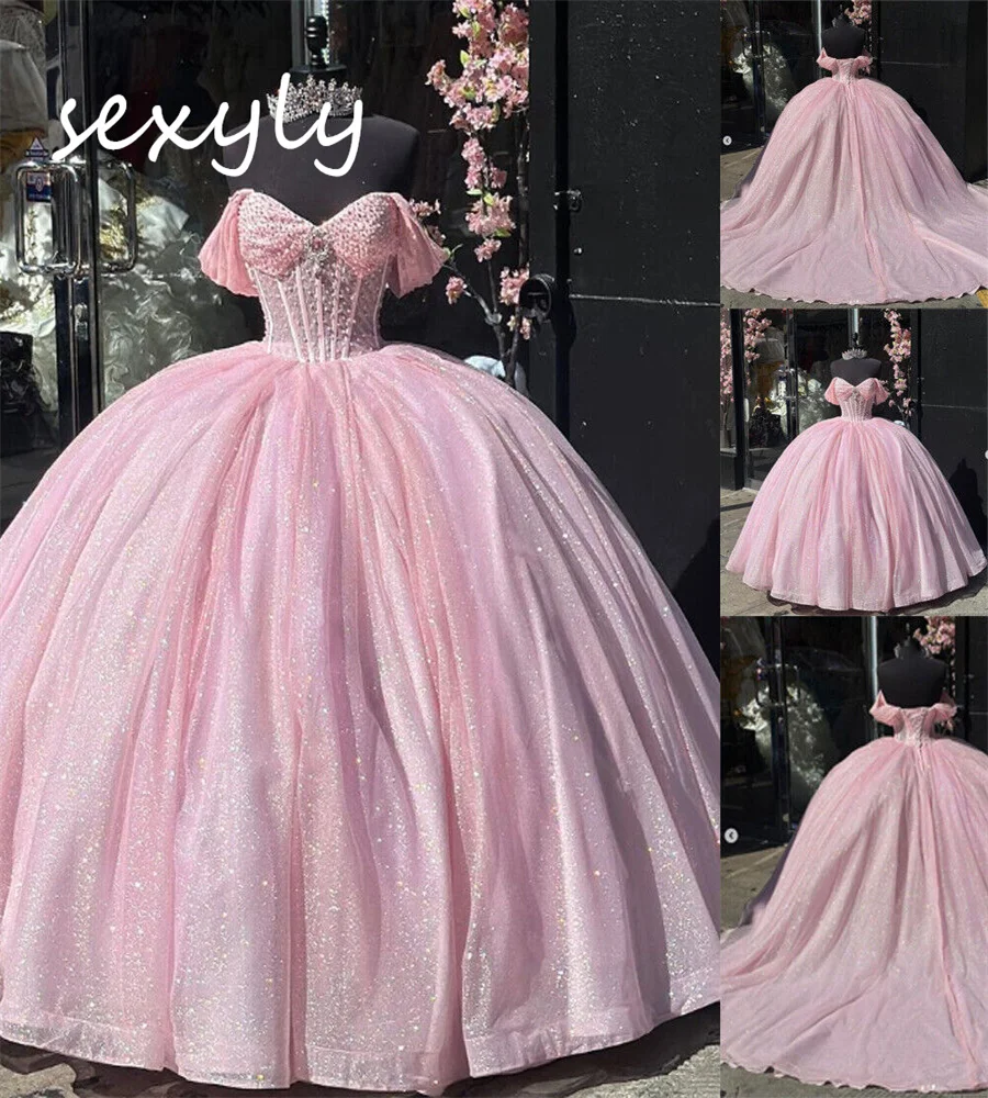 

Shiny Baby Pink Quinceanera Dresses Luxury Beaded Sequin Vestidos Para 15 Quinceanera Xv Años Lace Up Birthday Party Customized