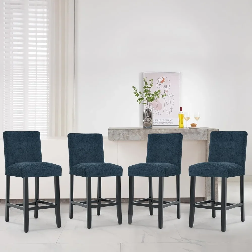 26'' Velvet Chenille Bar Stools Set of 3, Modern Upholstered Bar Height Bar Chairs, Soild Wood Legs Barstools with Back