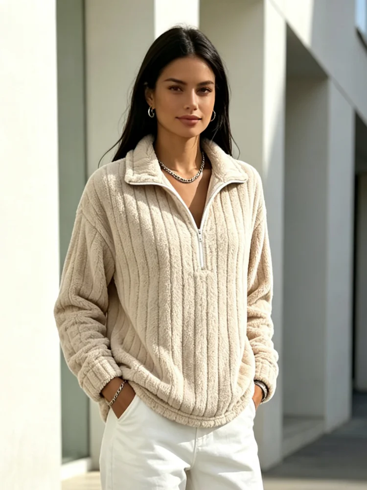 Damen-Fleece-Sweatshirt mit halbem Reißverschluss, gerippt, flauschig, Plüsch-Pullover, Reverskragen, lange Ärmel, lockerer Schnitt, lässiges Winter-Oberteil – Detail 1