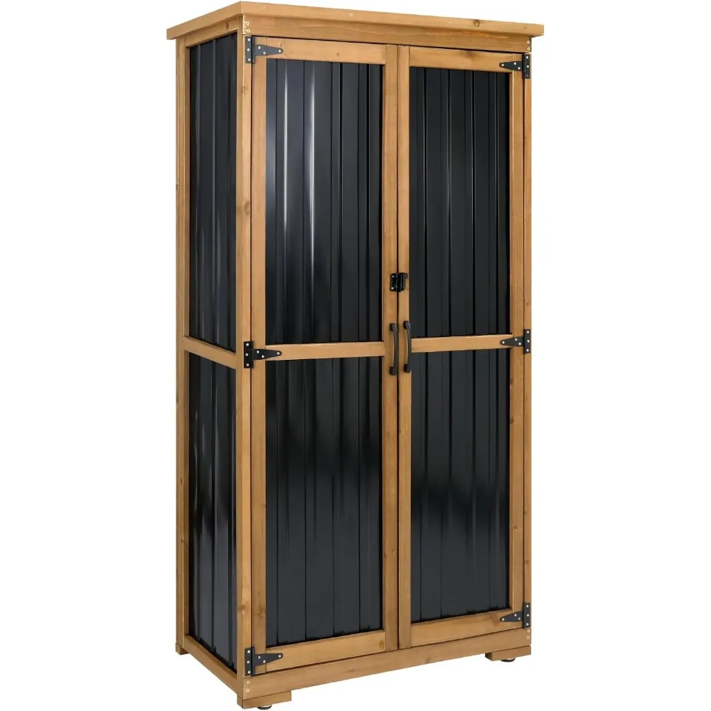 

Шкаф для хранения на открытом воздухе из дерева и металла с водонепроницаемой крышей, навес для садовых инструментов с 3 съемными полками, 4 регулируемыми усиленными fe