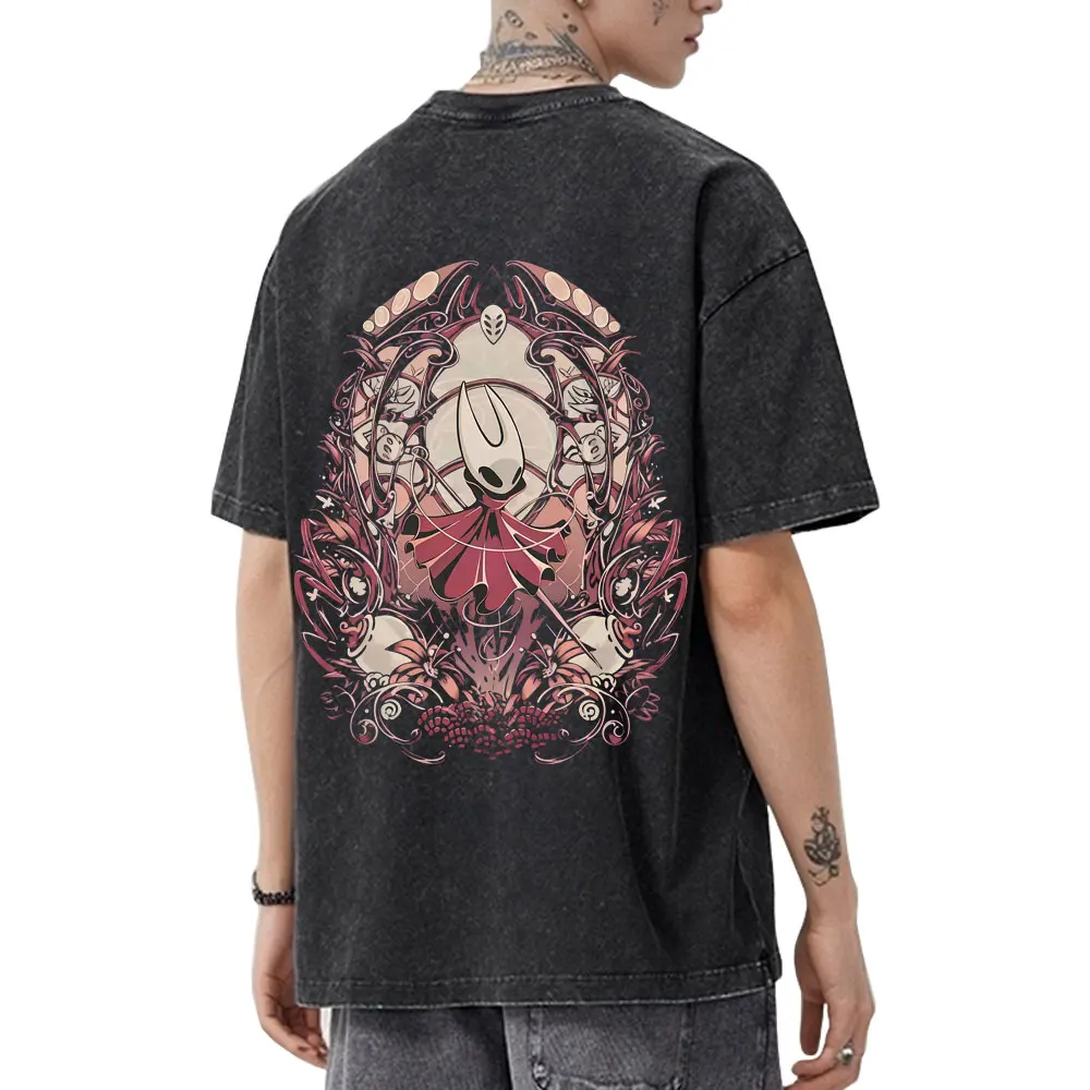 

Game Hollow Knight Washed Vintage T-shirt Men Women Fashion Oversized T-shirts Men's Casual Cotton Retro T Shirt Tops Streetwear