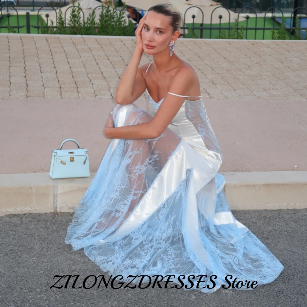 Sexy Spaghetti Straps Evening Dress See Through Lace Customized Celebrity Gowns High Quality Satin Sweep Train Party Dresses