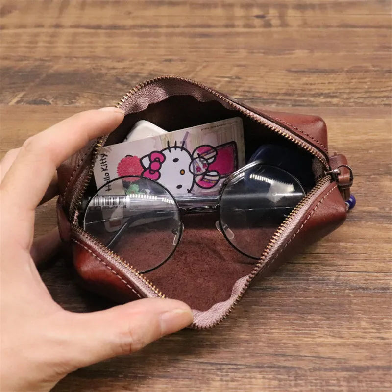 Simple vintage natural genuine leather men women's glasses bag real cowhide small storage bag student coin purse pencil case
