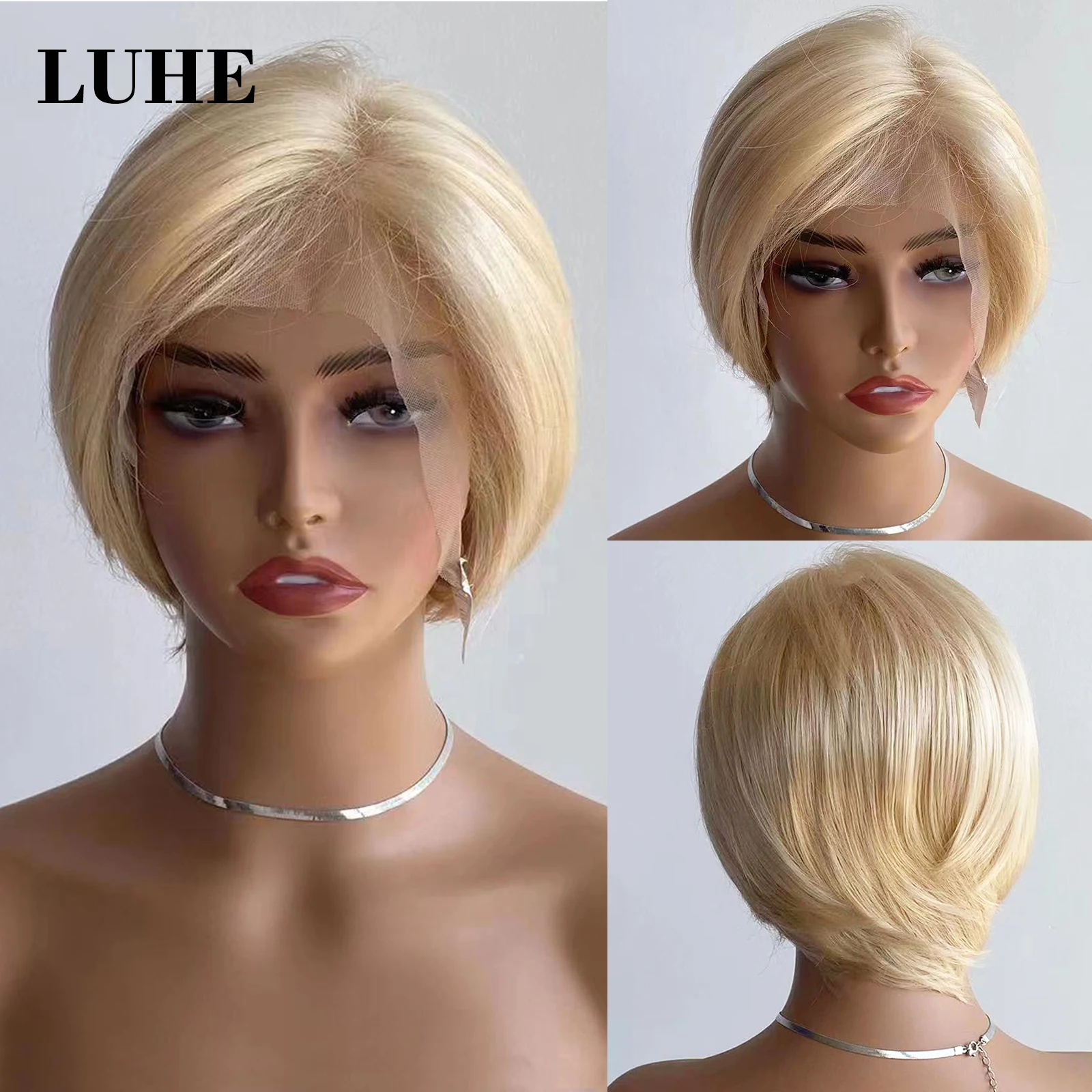 613 Blonde Colored Pixie Cut Wigs 13x3 Synthetic Hair Lace Front Wigs for Women Short Straight Bob Lace Frontal Wig Daily Use