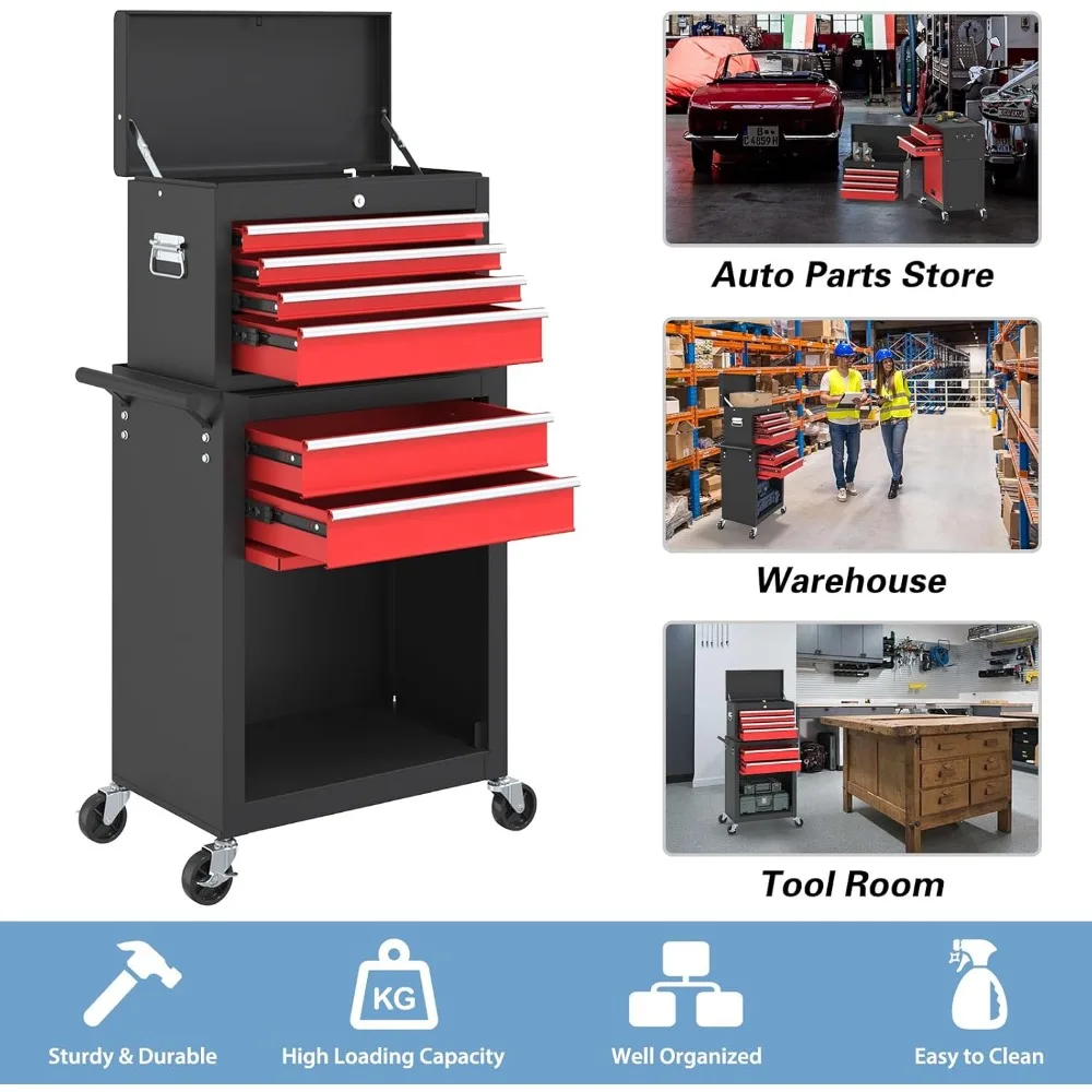 Luck6-Drawer High Capacity Rolling Tool Chest, Removable Toolbox on Wheels Organizers, Lockable Tool Box Tool Storage Cabine wit