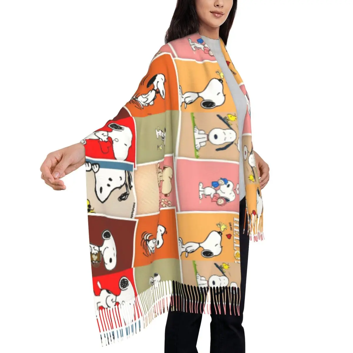 Custom Snoopy Peanuts Collage Scarf with Tassel Warm Soft Shawl Wrap Women Designer Scarves Wraps Winter Popular Foulard