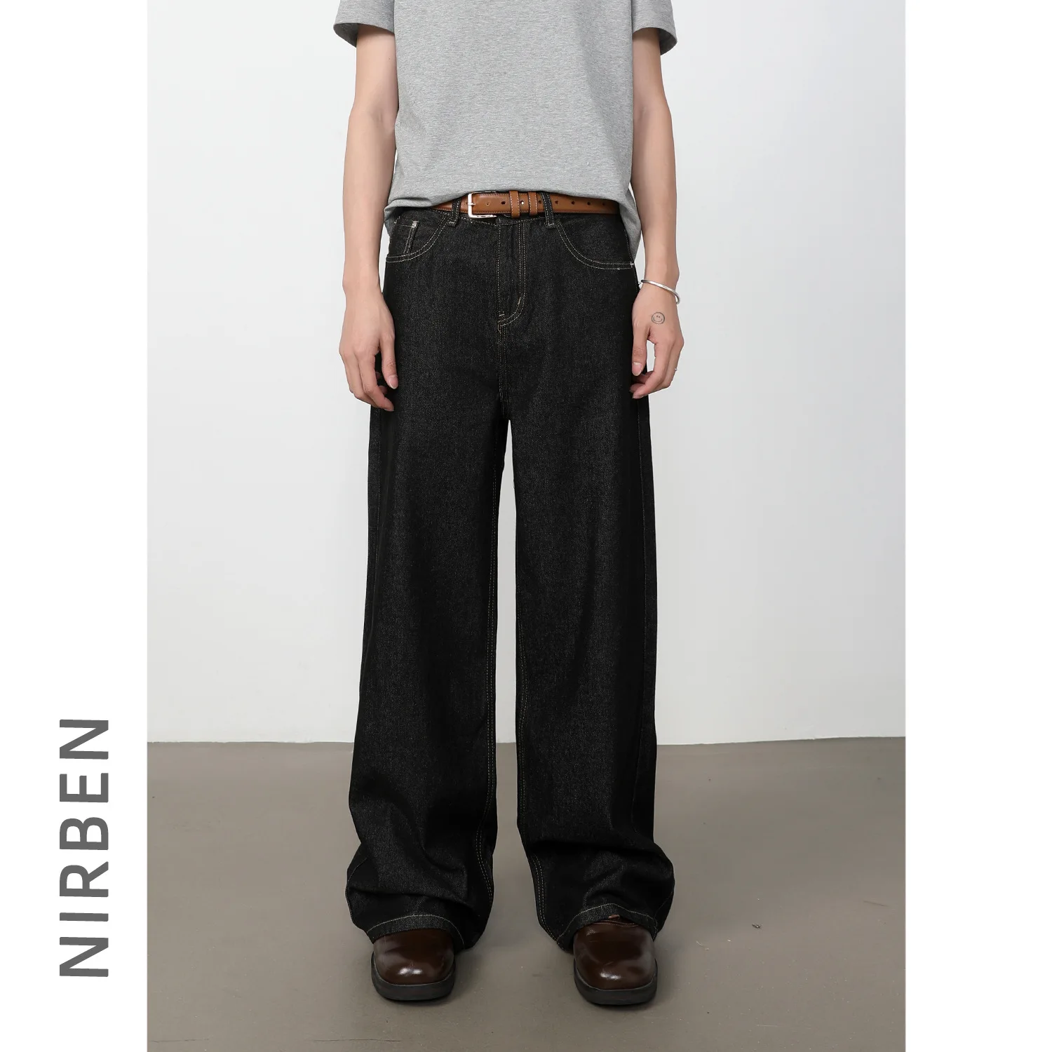 American Vintage Fashion Men's Black Grey Blue Straight Wide Leg Simple Basic Trendy Denim Trousers Male Bottom Clothes Jeans