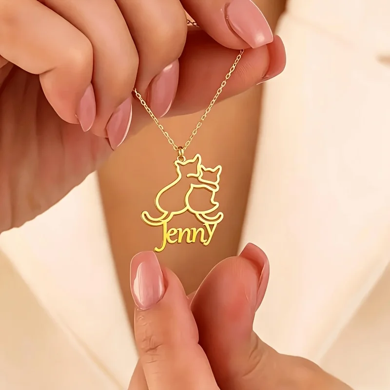 Customized Name Necklace Gold Color Stainless Steel Cat Dog Pattern Personalized Nameplate Jewelry