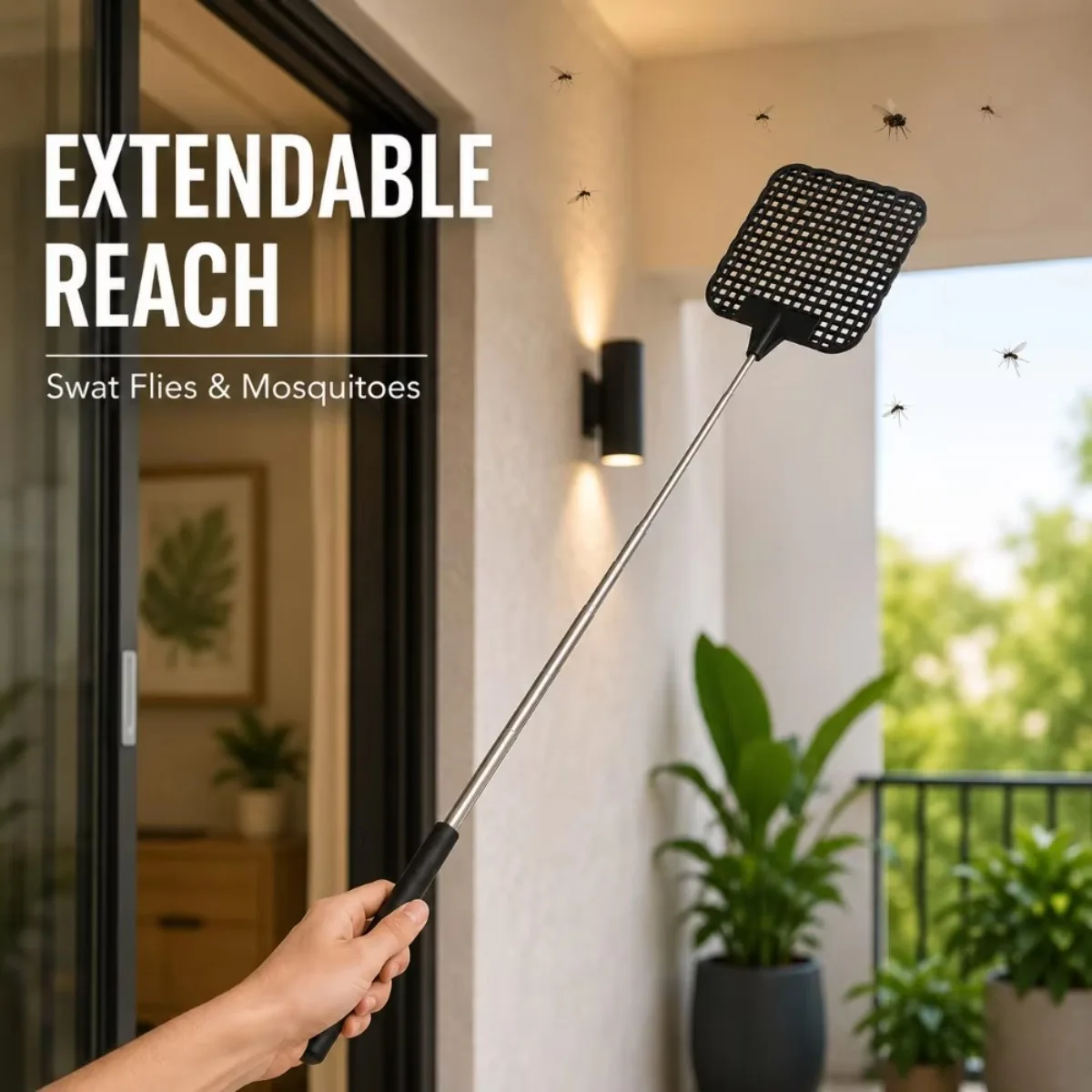 1 Pack Black Telescopic Fly Swatter Stainless Steel Extendable Handle Mosquito Swatter for Home Kitchen Indoor Outdoor Use