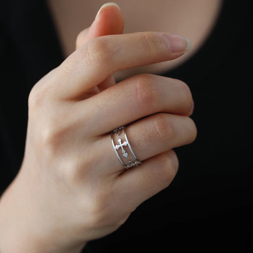 COOLTIME Fashion Cross Ring for Women Stainless Steel Hip Hop Religious Christian Engagement Couple Rings Jewelry Gift