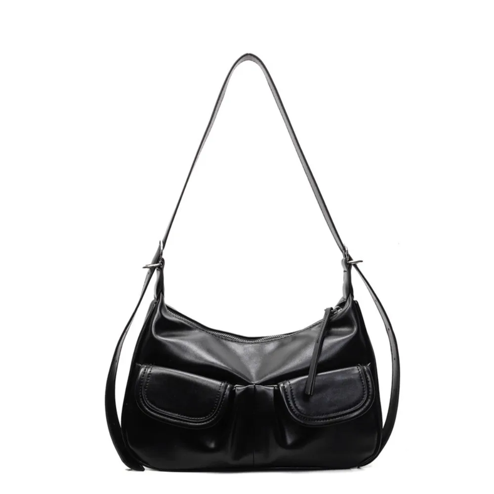 

Portable Solid Color Crossbody Bag High-capacity Double Pockets Shoulder Bag PU Leather Retro Satchel Hobo Bag Outdoor