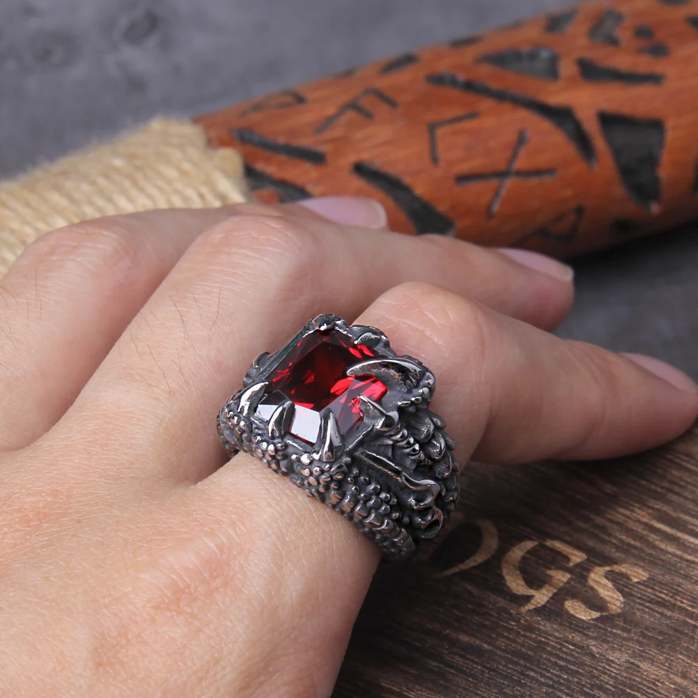 NO Fade Punk Dragon Ring Casting Prong Setting Red CZ Stone Stainless Steel Christ Prayer Male Alliance Jewelry with wooden box