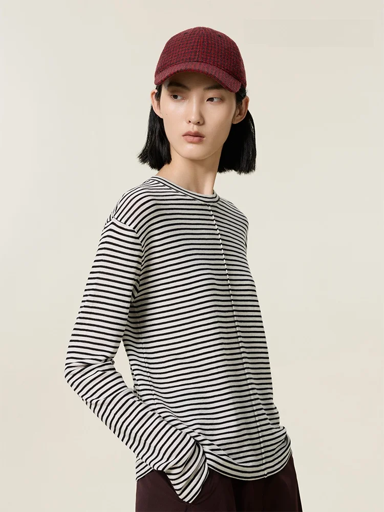 

mat Sle Women's Wool Knitted Long Sve Top Bla White Stripes Base Layer irt Casual Loose Fit Autumn Winter New...