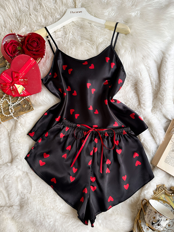  2026 New Women Heart Print Pajama Set Round neck Cami Top Shorts 2 Piece Sweet Ladies Sleepwear breathable Loungewear 
