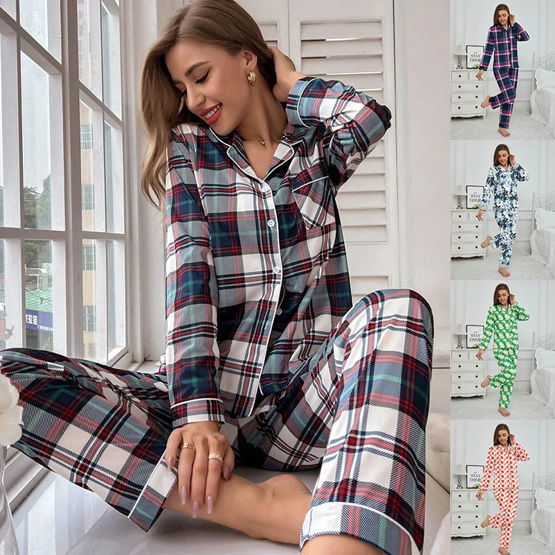 

European Lady's Loungewear New Long Sleeve Pajamas Sets Plaid Pants Red Cardigan Style Casual Homewear 2pcs Outdoor Styled
