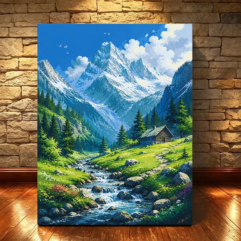 Professional Art Use, 1 Set Professional Art-Grade Adult Paint by Numbers DIY Kit, Snow Mountain Canyon Stream Cabin Scenery, 40