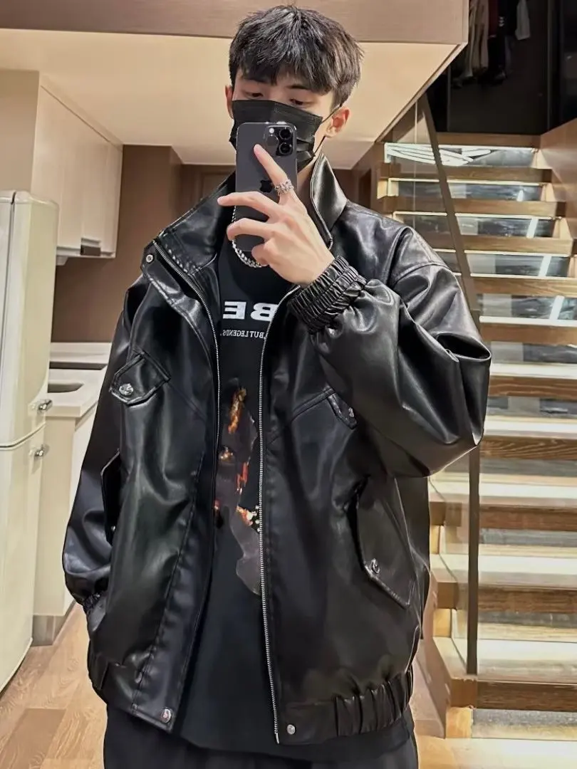 

American Retro Men's PU Leather Jaet Spring Autumn Trendy Design Motorcycle Sle Couple's Coat Stand Fit Long Sve