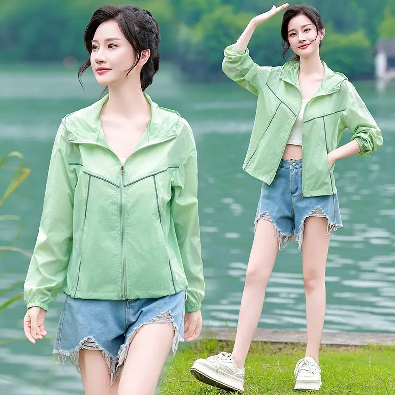 Women Summer Jacket Sunscreen Clothes Ladies Light Breathable Long Sleeve Hooded Loose Zipper Jacket Female Casual Top Outerwear