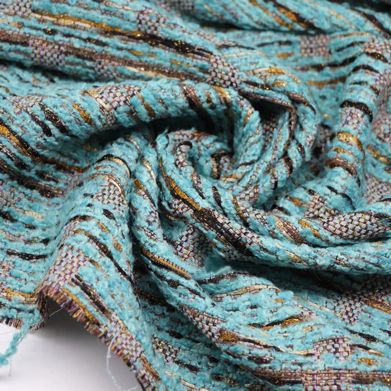Blue Color Gold Wire Yarn-Dyed Braided Wool Tweed Fabric For Women's Autumn Jacket Dress Suits Coat DIY Cloth Sewing Material