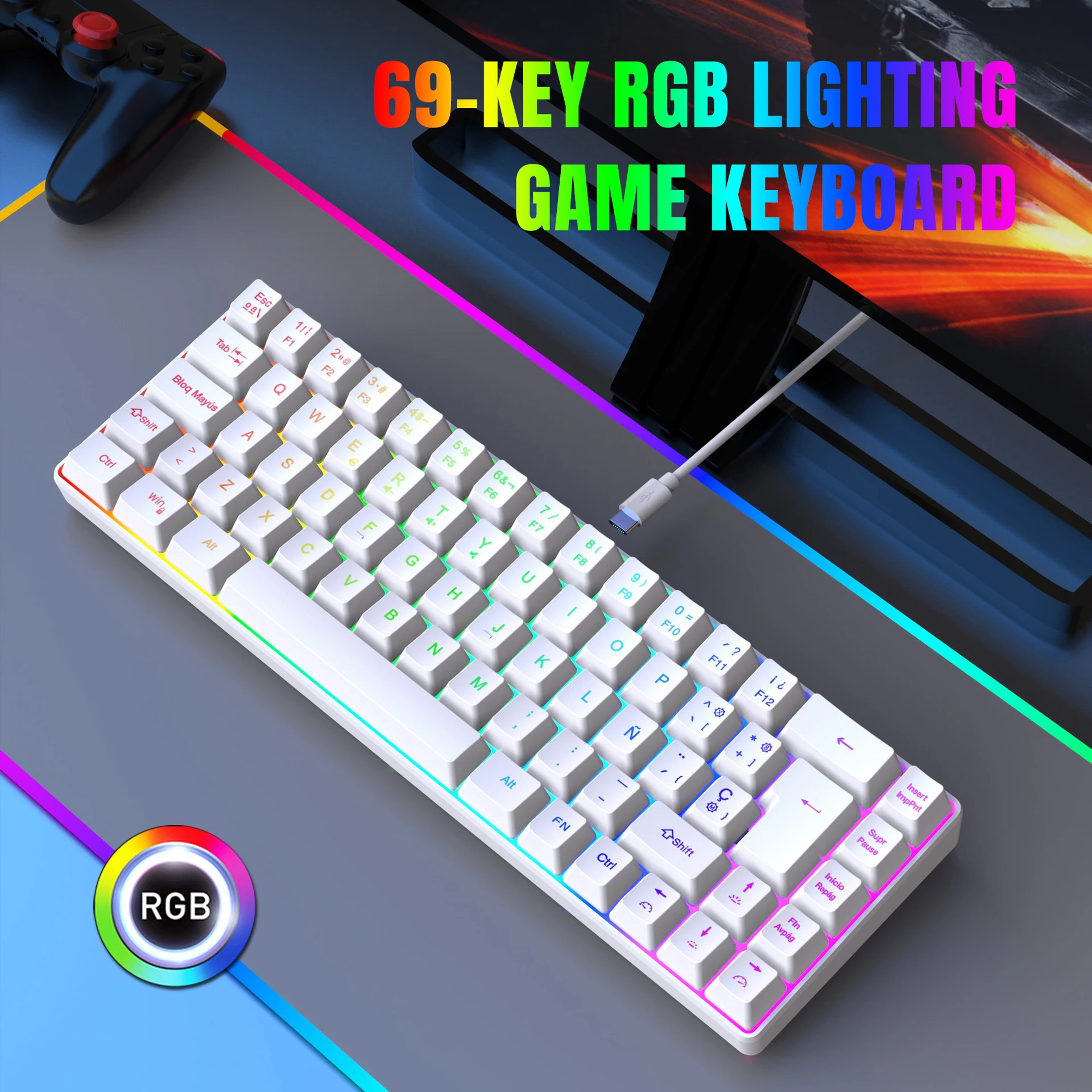 Spanish Computer KEyboard Black LED Backlit Keys White USB-C Macbook AirM3 Laptop 69 Keys Gaming Wired Keyboard