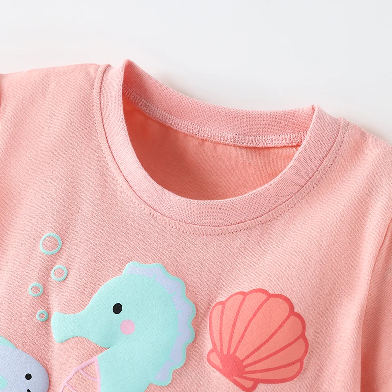 Little Maven Sommer-Neuheiten: Modische Baby-Mädchen-Tops, Kinderkleidung mit Seepferdchen- und Muschelmotiv, Baumwoll-T-Shirt für Kinder von 2-8 Jahren – Detail 4