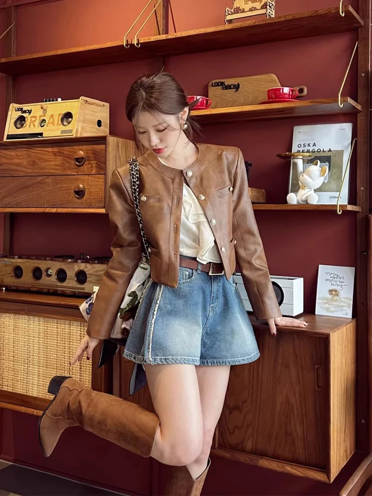 Chaqueta de motocicta estilo BF hoada con cuello redondo retro y doble bolsillo, de cuero PU para mujer, e, noved...