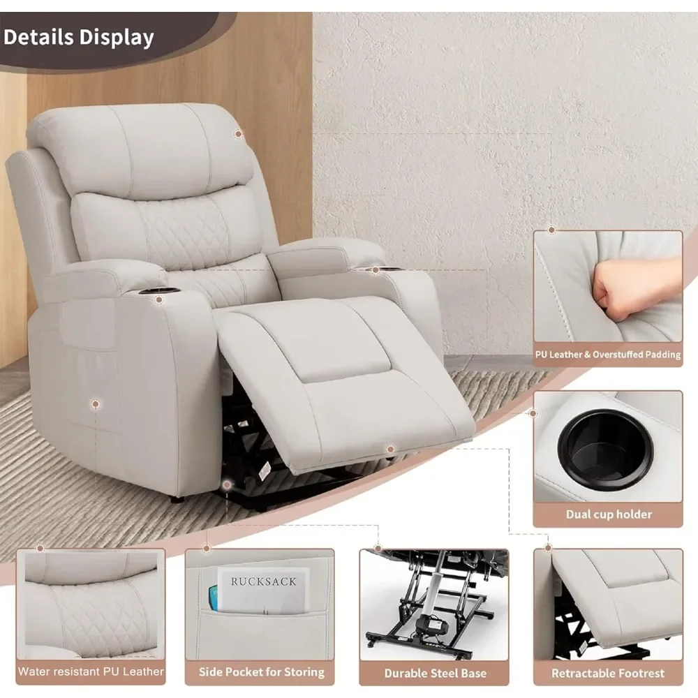 Electric Power Lift Recliner เก้าอี้สําหรับผู้สูงอายุที่มีการนวดและความร้อน, หนัง PU Recliner โซฟาเก้าอี้ยก 2 ถ้วยผู้ถือ