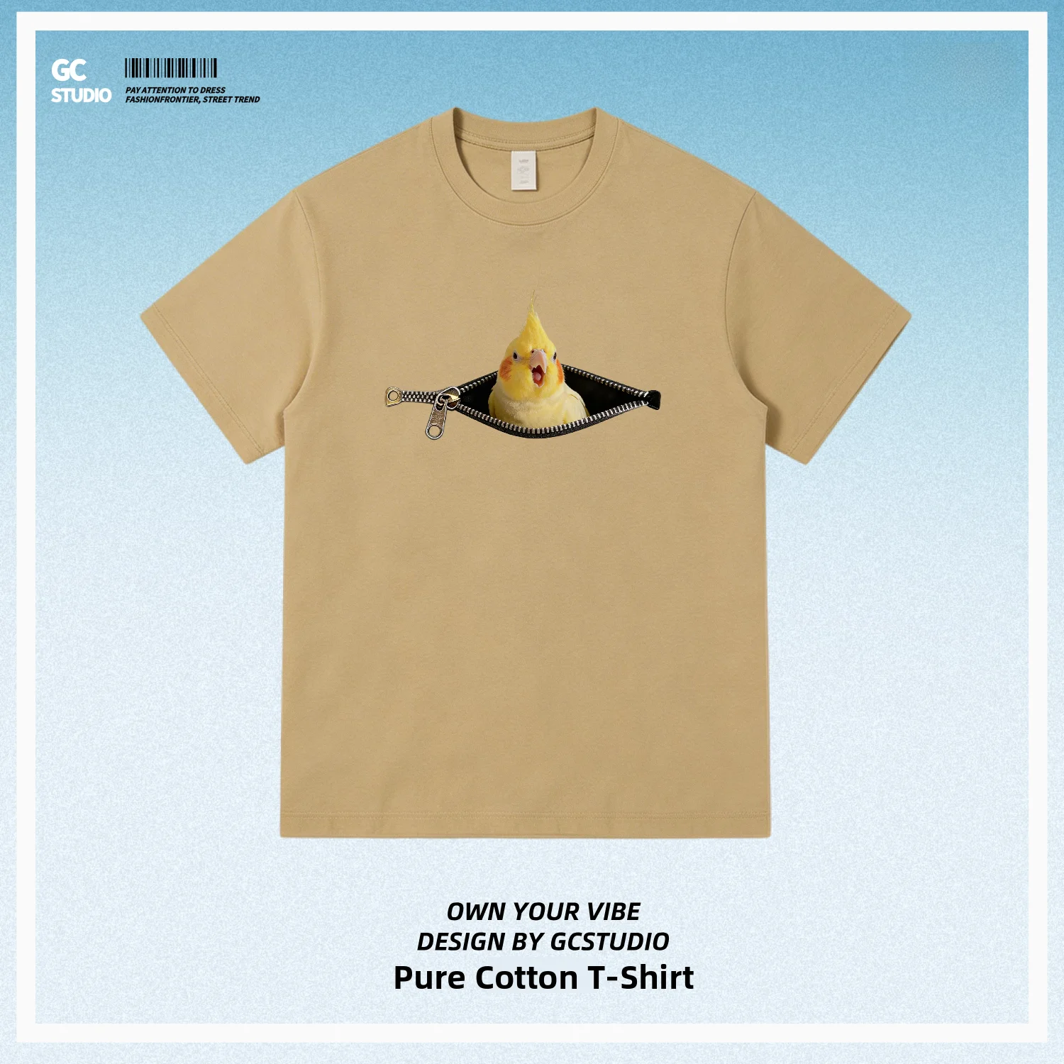 Pure Cotton Short Sleeve T-Shirt with Zipped Design Fun Bird Illustration Pet Parrot Yawn Theme Breathable Commute Fashion