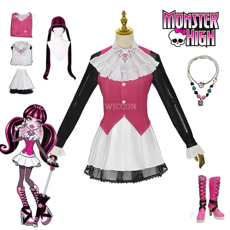 Monster Cos High: Draculaura przebranie na karnawał różowy garnitur wampirze Draculaura peruka Anime kobieta Cosplay kostiumy na Halloween buty