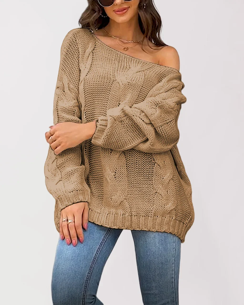 Women's New Solid Color Diagonal Neckline Off-the-shoulder Long-sleeve Loose Pullover Knit Sweater for Women Autumn and Winter