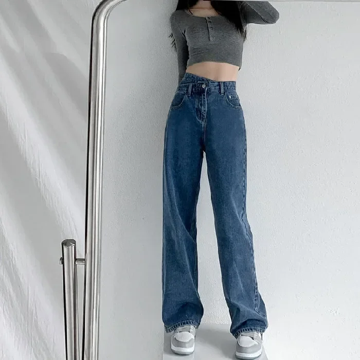 

Street Trend Irregular Loose Straight-leg Jeans, Women's New Four-season Diagonal Buckle Design and Floor-length Wide-leg Jeans